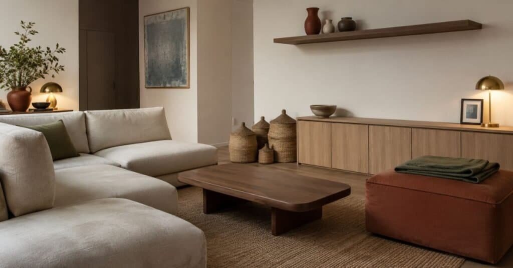 Minimalist apartment living room with hidden storage, clay ottoman, pale oak cabinet, woven baskets, dusty blue art, and clear surfaces.