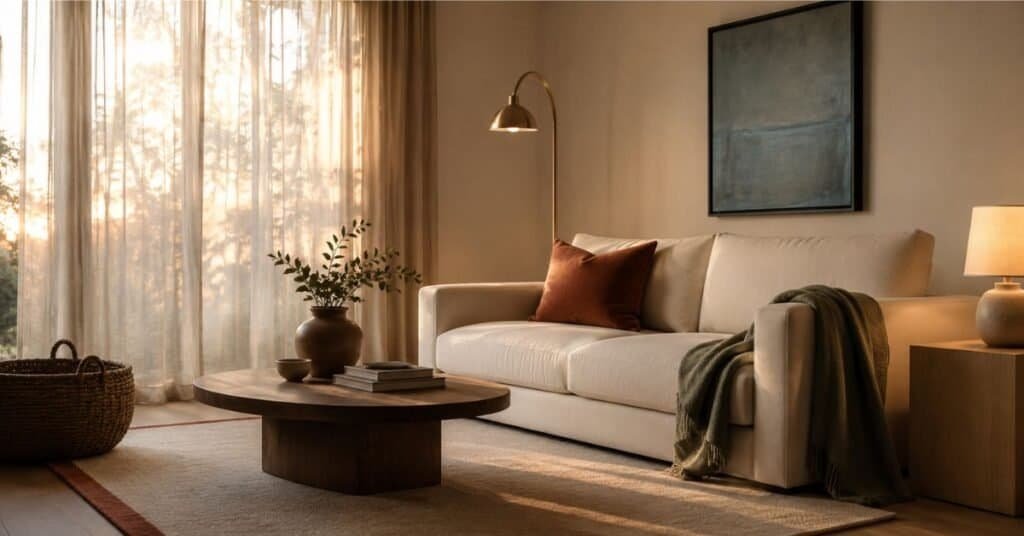 Minimalist apartment living room with warm lamps, ivory sofa, sage throw, dusty blue art, rust pillow, clay vase, and linen curtains.