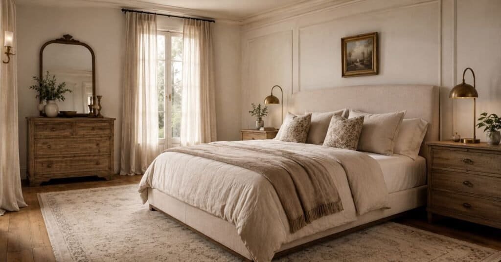 Modern French country bedroom with cream linen bedding, weathered wood nightstands, aged brass lamps, wall molding, and soft neutral colors.
