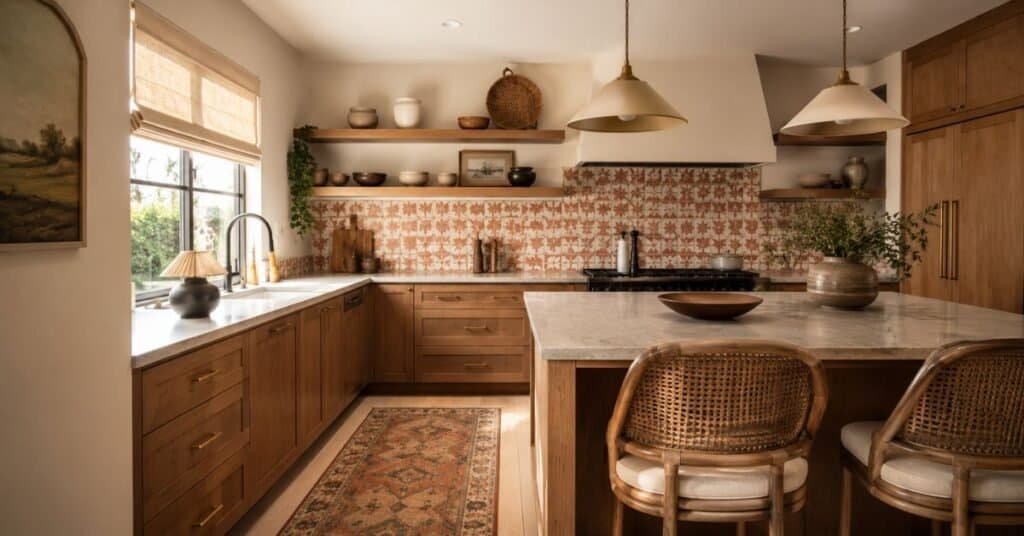 Modern bohemian kitchen with wood cabinets, patterned tile, brass accents, vintage runner, and natural materials