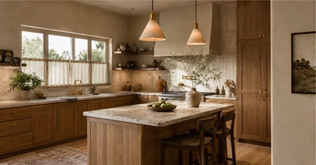 Modern earth tone kitchen with natural wood, stone counters, handmade ceramics, plaster walls, and warm texture