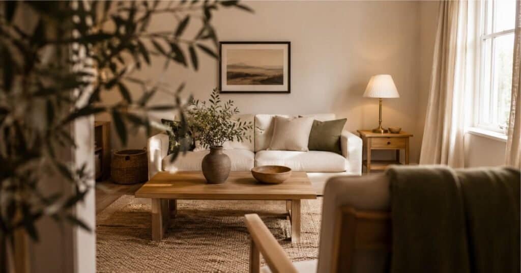 Modern farmhouse small living room with warm white walls, cream sofa, pale oak table, beige rug, clay decor, and muted olive accents.