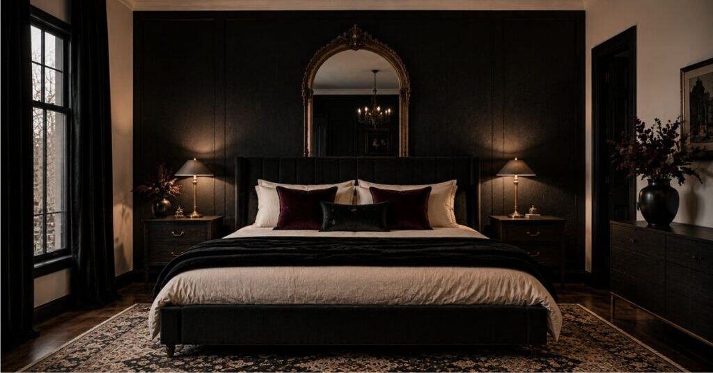 Modern gothic bedroom with charcoal accent wall, matte black bed, cream bedding, arched mirror, aged brass lamps, and warm lighting.