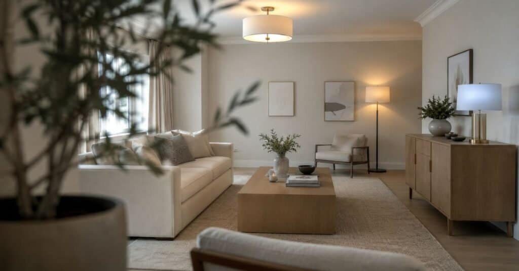 Modern living room showing common decor mistakes such as flat neutral tones, weak lighting, small accessories, and rigid furniture shapes.