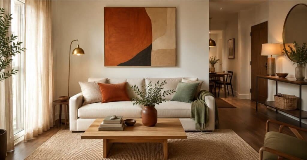 Modern minimalist apartment living room with cream sofa, rust wall art, sage pillows, clay vase, warm wood, and open floor space.