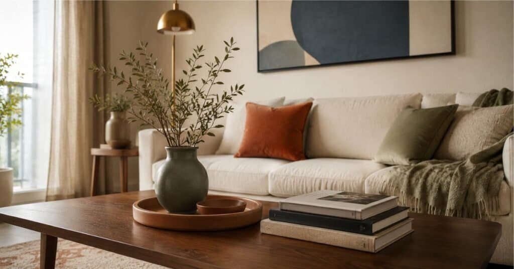 Modern minimalist apartment living room with ivory sofa, walnut coffee table, muted blue art, rust pillow, clay tray, and warm brass lamp.