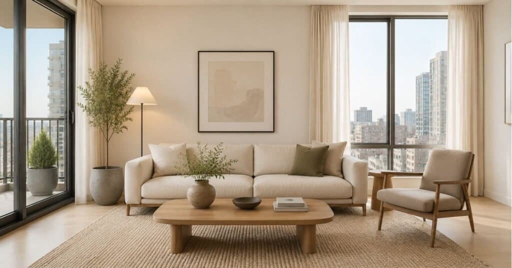 Modern small living room with warm white walls, cream sofa, pale oak coffee table, beige rug, and soft minimalist color palette.