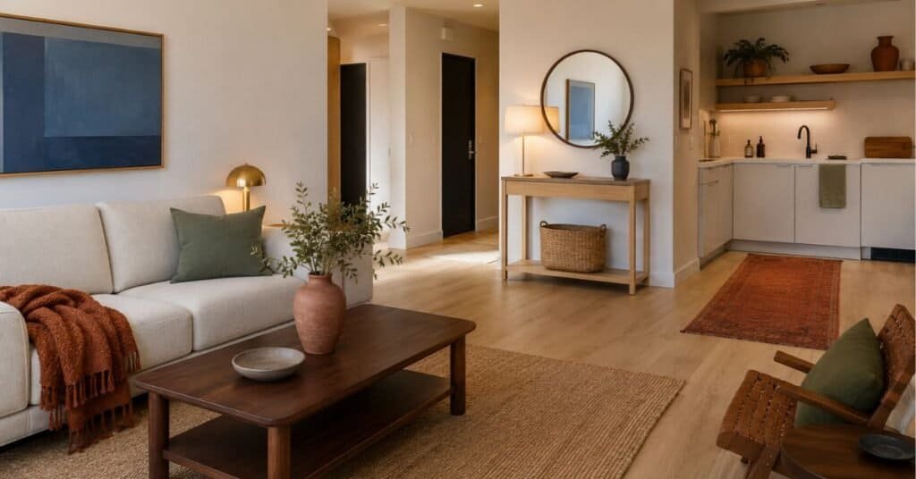 Open concept minimalist apartment with ivory sofa, walnut table, sage pillow, rust throw, clay vase, pale oak entry console, and compact kitchen.