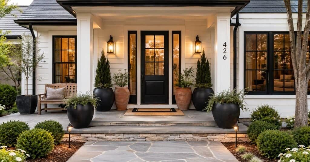 Outdoor decor for front of house with black door, oversized planters, warm porch lights, layered doormat, and clean walkway.