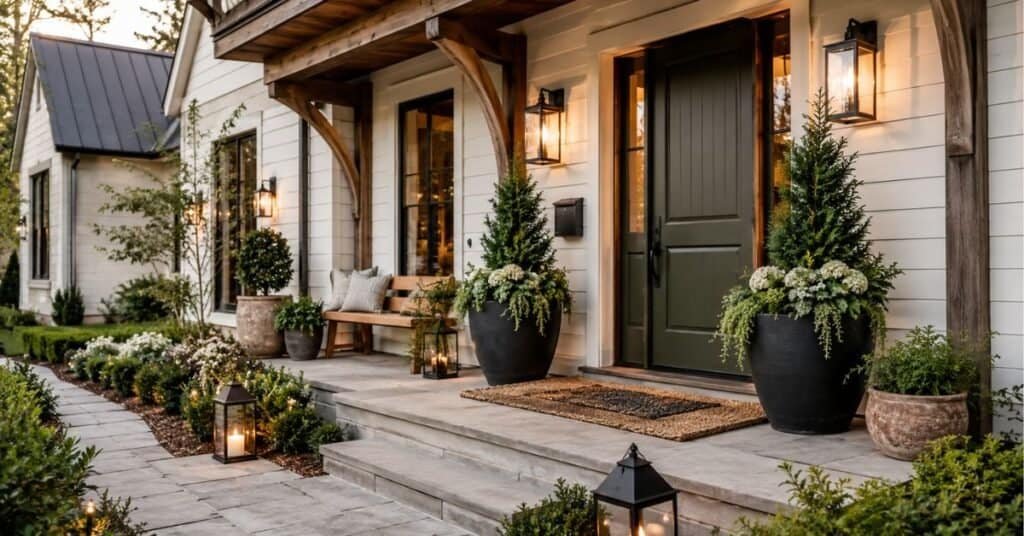 Outdoor decor for front of house with bold front door, oversized planters, warm porch lights, layered doormat, and clean walkway.