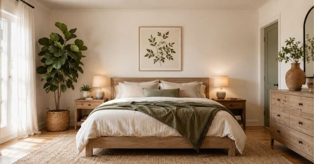Plant themed bedroom with cream bedding, leafy plants, botanical wall art, sage accents, warm wood furniture, and clean styling.