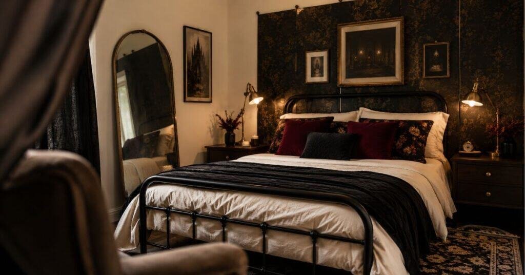 Renter friendly gothic bedroom with removable dark wall panels, black curtains, cream bedding, burgundy pillows, warm lamps, and arched mirror.