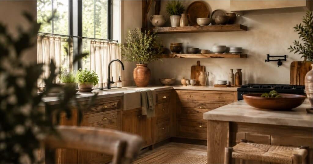 Rustic farmhouse earth tone kitchen with warm wood shelves, terracotta accents, plants, cream cabinets, and handmade ceramics