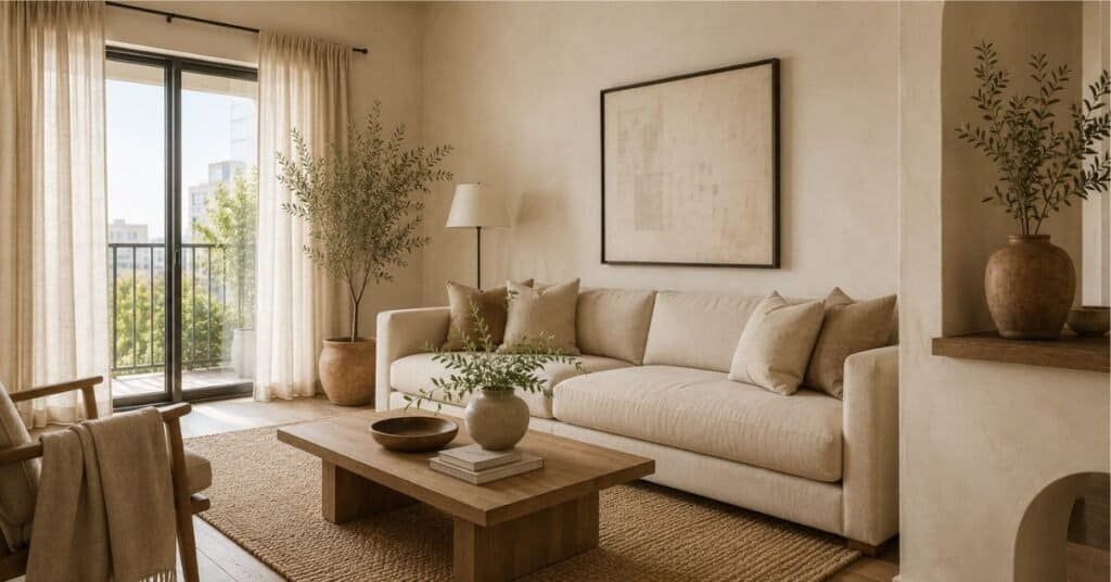 Rustic modern small living room with cream walls, beige sofa, pale oak coffee table, taupe pillows, and warm minimalist colors.