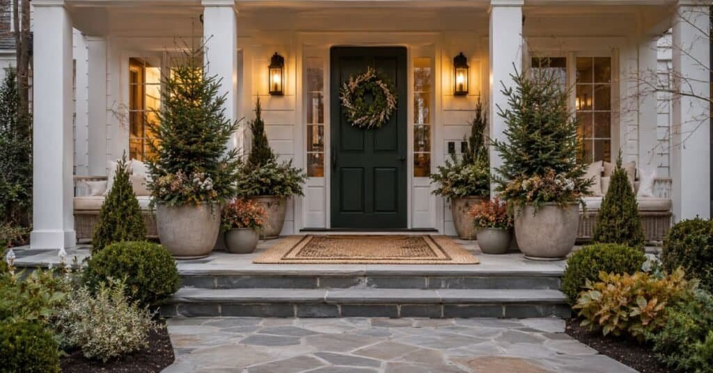 Seasonal outdoor decor for front of house with neutral planters, simple wreath, warm porch lights, and clean front entry styling.