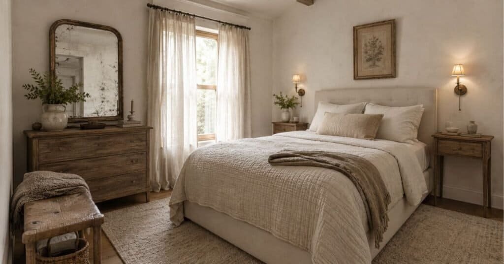 Small French country bedroom with cream bedding, slim weathered nightstands, aged brass sconces, antique mirror, linen curtains, and soft neutral colors.