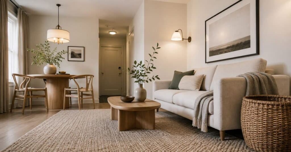 Small apartment living room with warm white walls, cream loveseat, pale oak dining table, beige rug, and neutral minimalist colors.