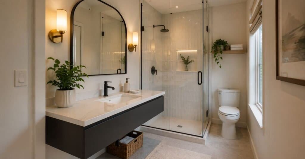 Small bathroom with greenery decor, a floating charcoal vanity, large arched mirror, clear shower glass, pale stone floor, brass sconces, and one potted plant.