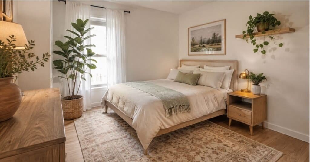 Small bedroom with plants showing a tall leafy floor plant, cream bedding, simple nightstand, soft curtains, and clear walking space.