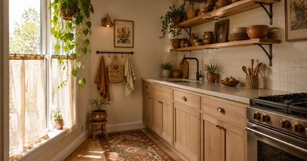 Small bohemian kitchen with light walls, slim open shelves, hanging plants, vintage runner, and warm natural texture