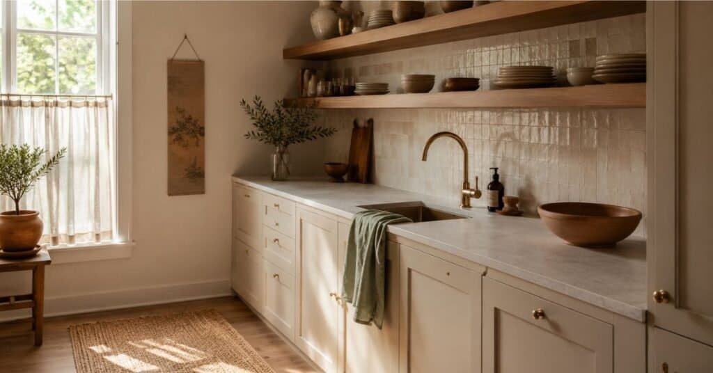 Small earth tone kitchen with cream cabinets, light oak shelves, sage accents, warm tile, and natural daylight
