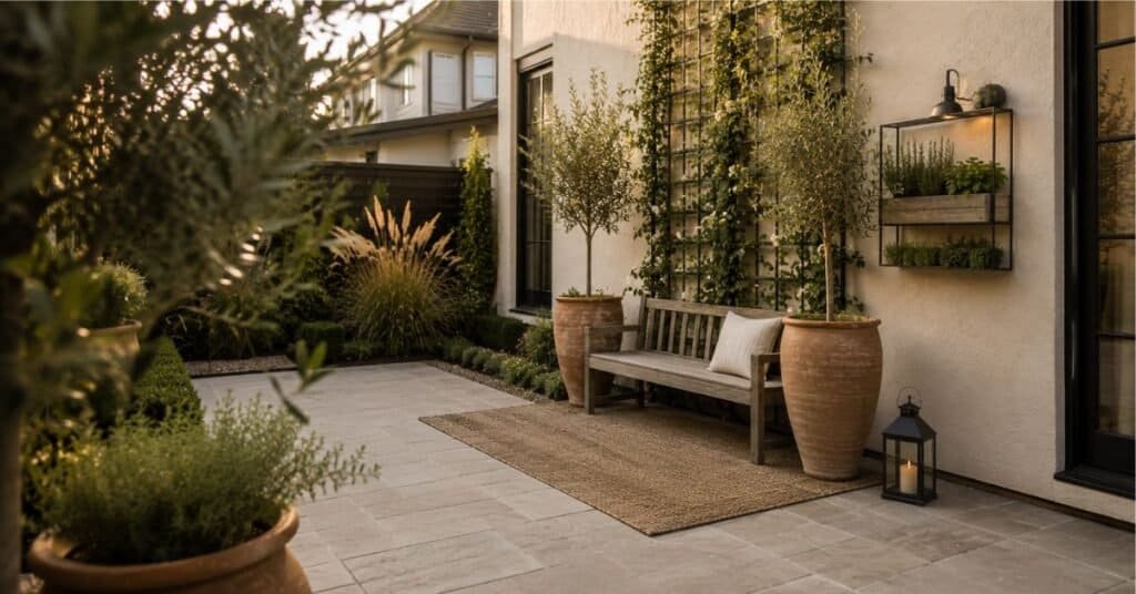 Small garden and outdoor decor with a climbing trellis, tall planters, wall mounted herbs, and open patio floor space.