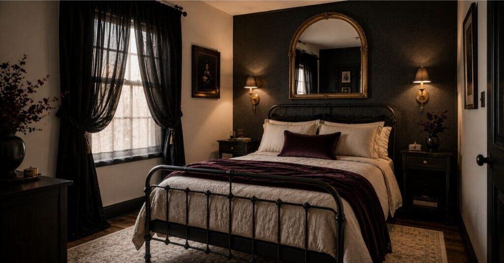 Small gothic bedroom with charcoal accent wall, cream bedding, slim nightstands, arched mirror, warm sconces, and pale rug.