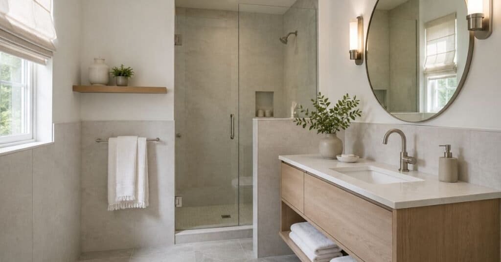 Small gray and white bathroom with floating vanity, large mirror, glass shower door, pale gray tile, white towels, and natural light.