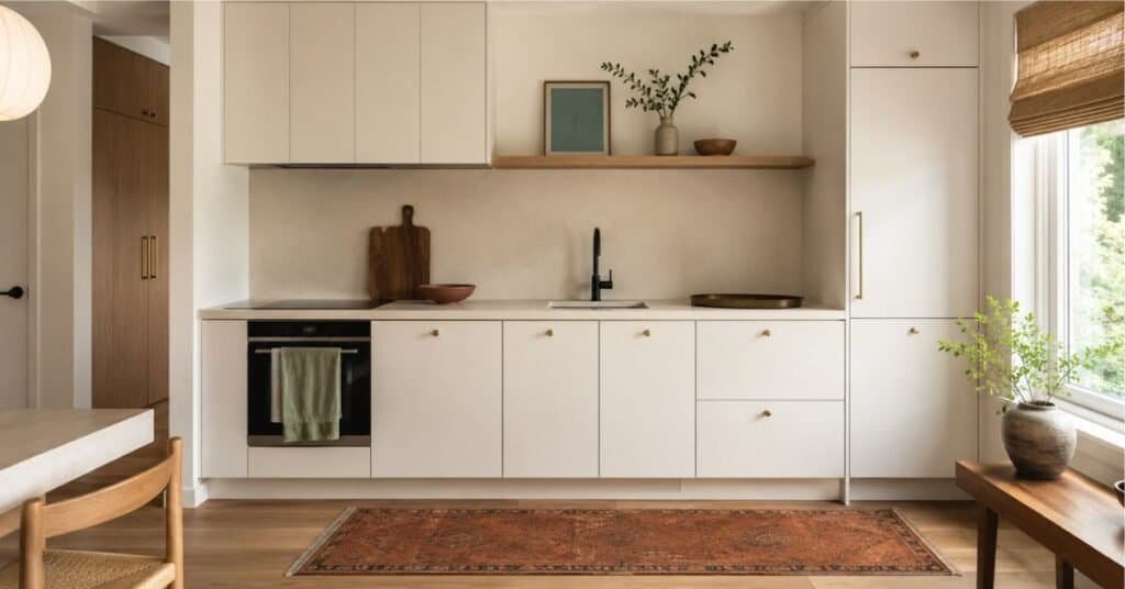Small minimalist apartment kitchen with warm white cabinets, pale oak shelf, clay bowl, sage towel, rust runner, and clear counters.