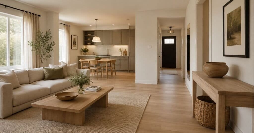 Small open concept home with warm white walls, cream sofa, pale oak furniture, greige kitchen cabinets, beige rug, and muted olive accents.