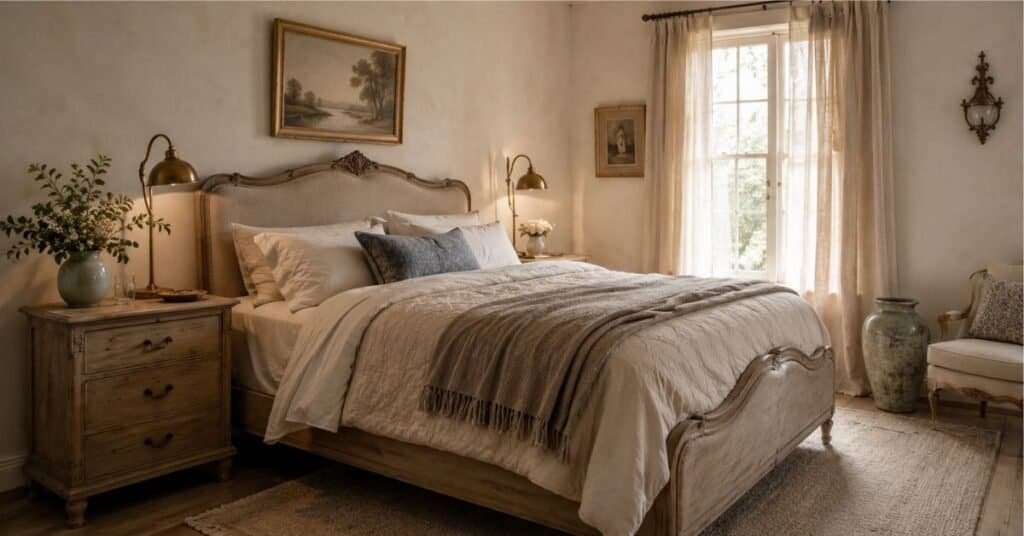 Soft French country bedroom with warm white walls, cream bedding, faded blue accents, weathered wood nightstands, and linen curtains.