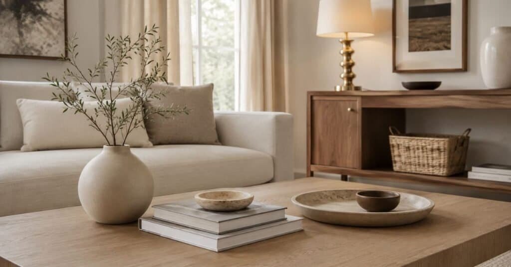 Stylish modern accessories on a pale wood coffee table with ceramic decor, stacked books, a stone tray, and open surface space.