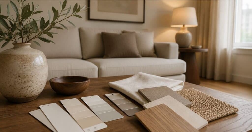 Traditional modern small living room with warm cream walls, greige paint samples, beige sofa, walnut table, linen curtains, and soft neutral colors.