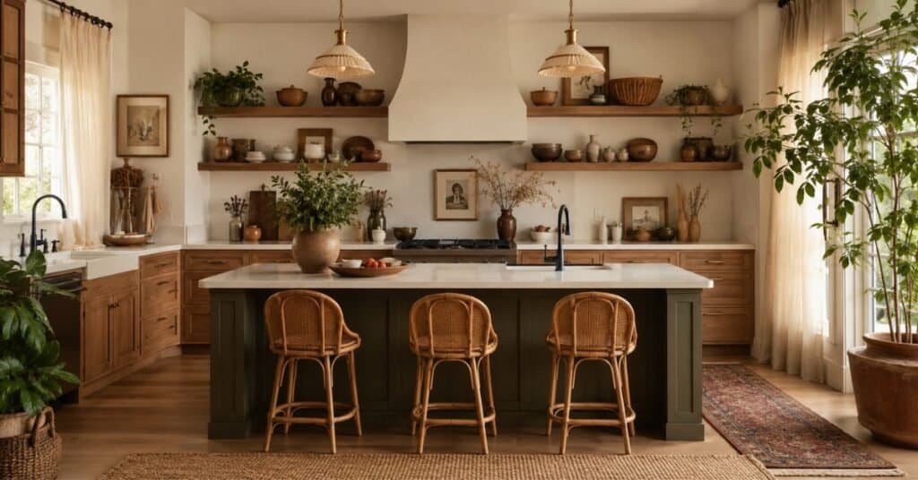Warm bohemian kitchen with open shelves, woven baskets, terracotta accents, plants, and layered natural texture