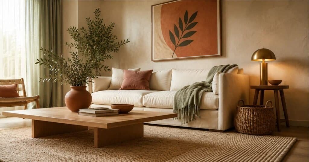 Warm minimalist apartment living room with ivory sofa, clay vase, sage curtains, terracotta art, dusty rose pillow, and warm lighting.
