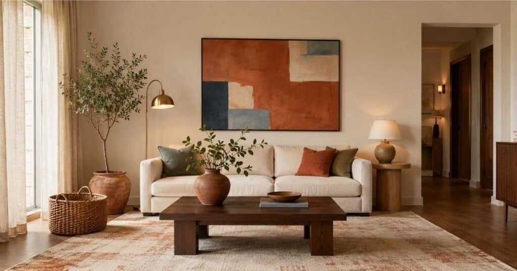 Warm minimalist apartment living room with ivory sofa, rust and blue art, sage pillow, clay vase, walnut table, and soft lighting.