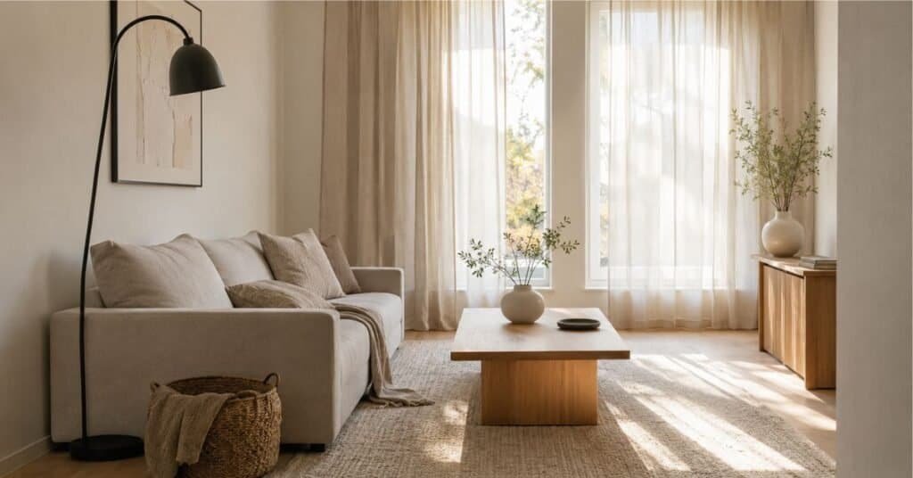 Zen inspired small living room with warm white walls, cream sofa, pale greige curtains, beige rug, and small black accents.