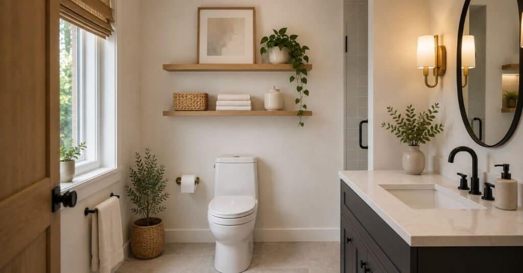 Above toilet shelves styled with a woven basket, folded towels, ceramic jar, framed art, and a small trailing plant with open space left on each shelf.
