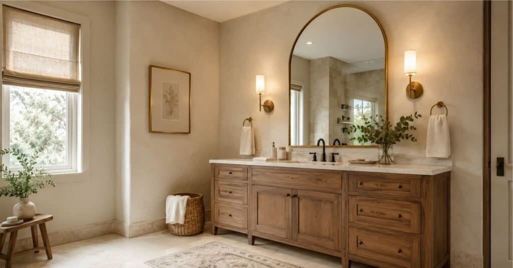 Arched decorative bathroom mirror with brushed brass frame, warm sconces, wood vanity, marble look counter, and soft neutral bathroom styling.