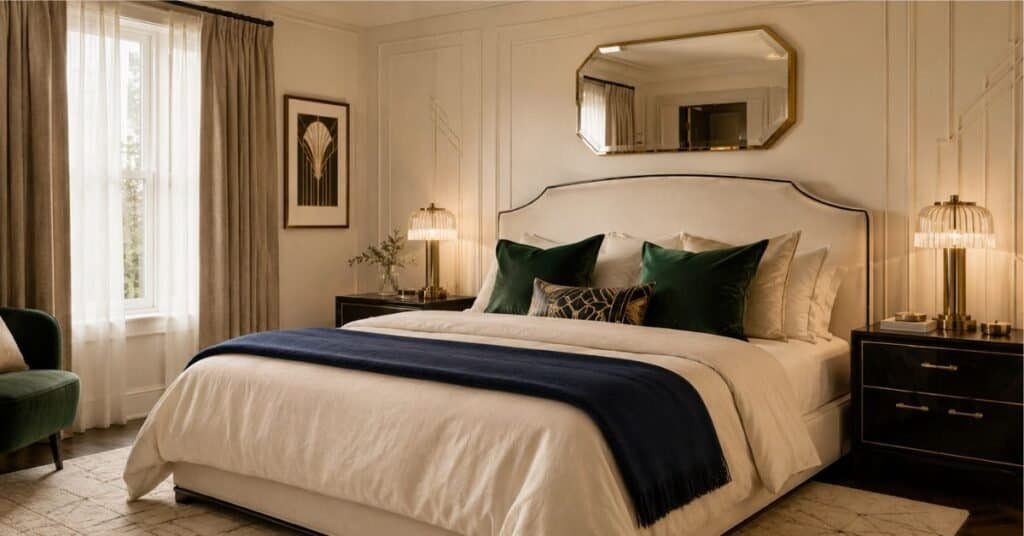 Art Deco bedroom with cream bedding, emerald velvet pillows, navy throw, brass lamps, black nightstands, and warm ivory walls.