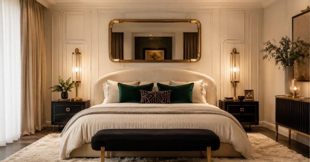 Art Deco bedroom with curved ivory headboard, cream bedding, emerald pillows, brass lamps, black nightstands, and balanced geometric details.