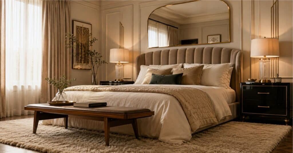 Art Deco bedroom with curved taupe velvet headboard, cream bedding, black nightstands, brass hardware, ribbed glass lamps, and arched mirror.