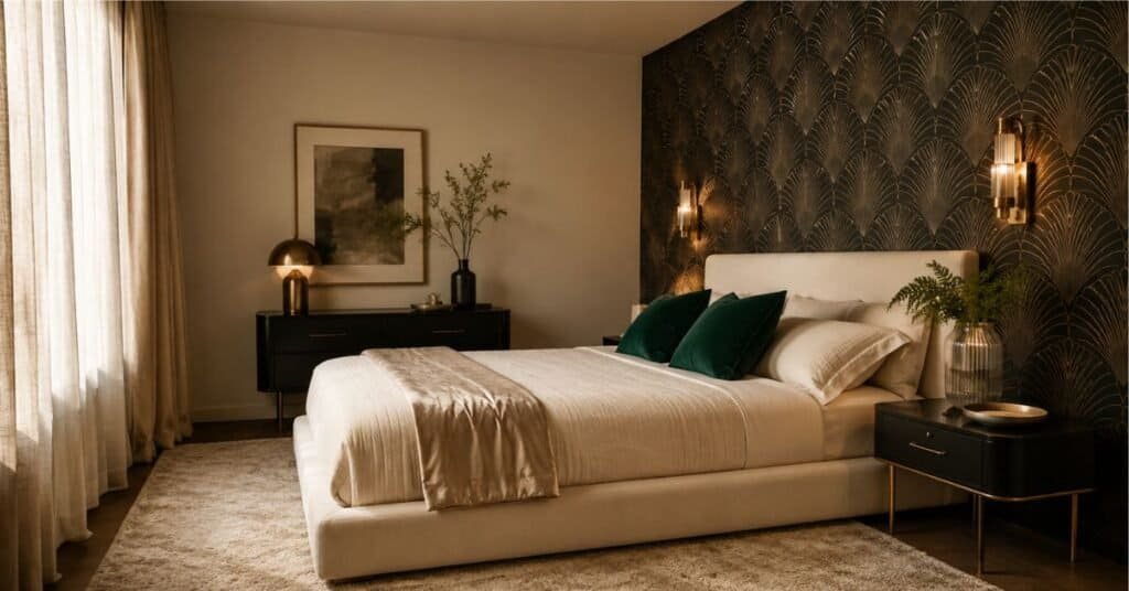 Art Deco bedroom with one geometric wallpaper wall, cream bedding, emerald pillows, brass sconces, and clean nightstands.