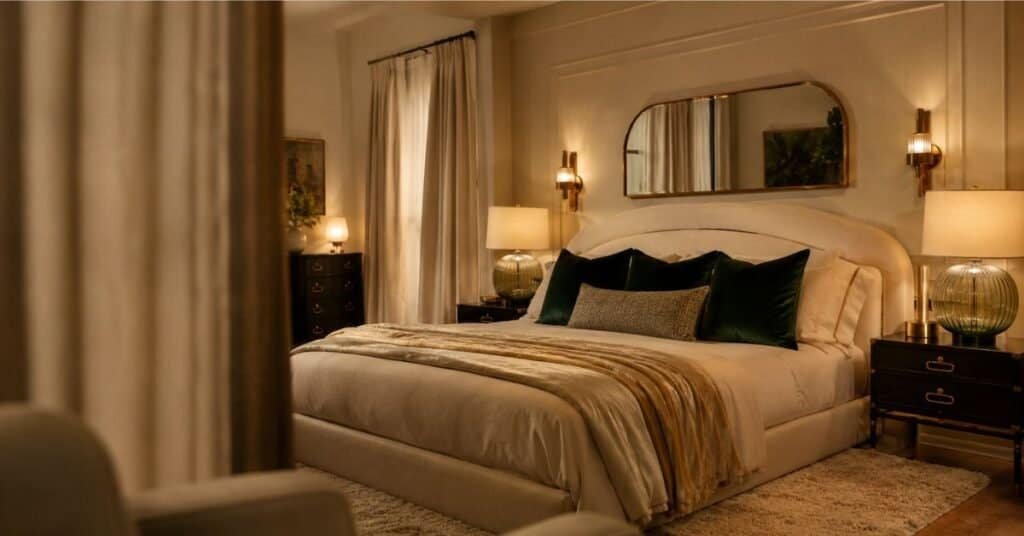 Art Deco bedroom with warm brass sconces, ribbed glass lamps, cream bedding, emerald pillows, and soft evening lighting.