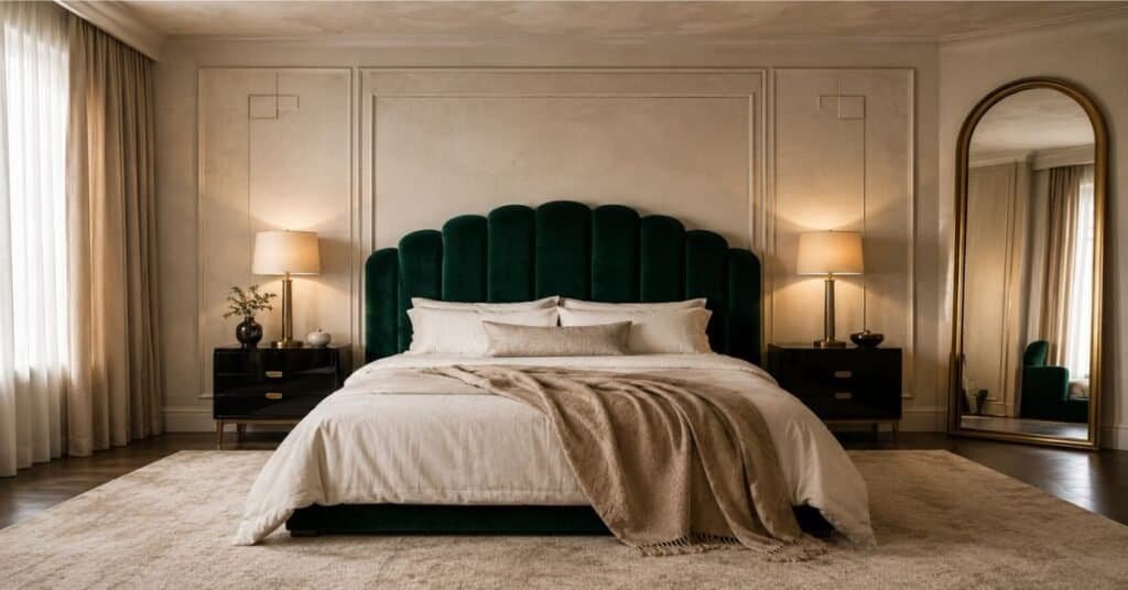 Balanced Art Deco bedroom with emerald velvet headboard, cream bedding, brass lamps, black nightstands, arched mirror, and soft lighting.