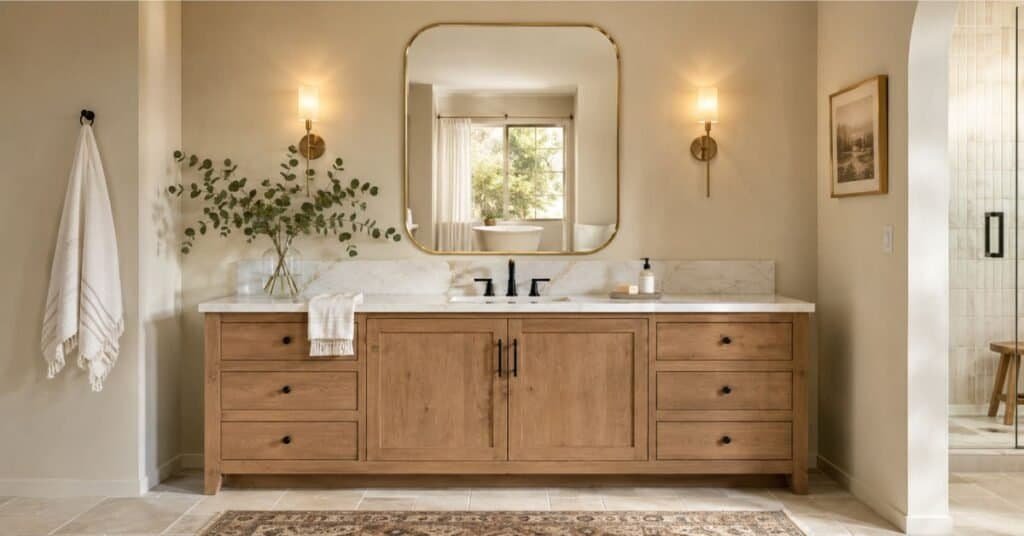 Balanced bathroom vanity with decorative mirror, brass sconces, wood vanity, marble look counter, eucalyptus stems, and warm lighting.