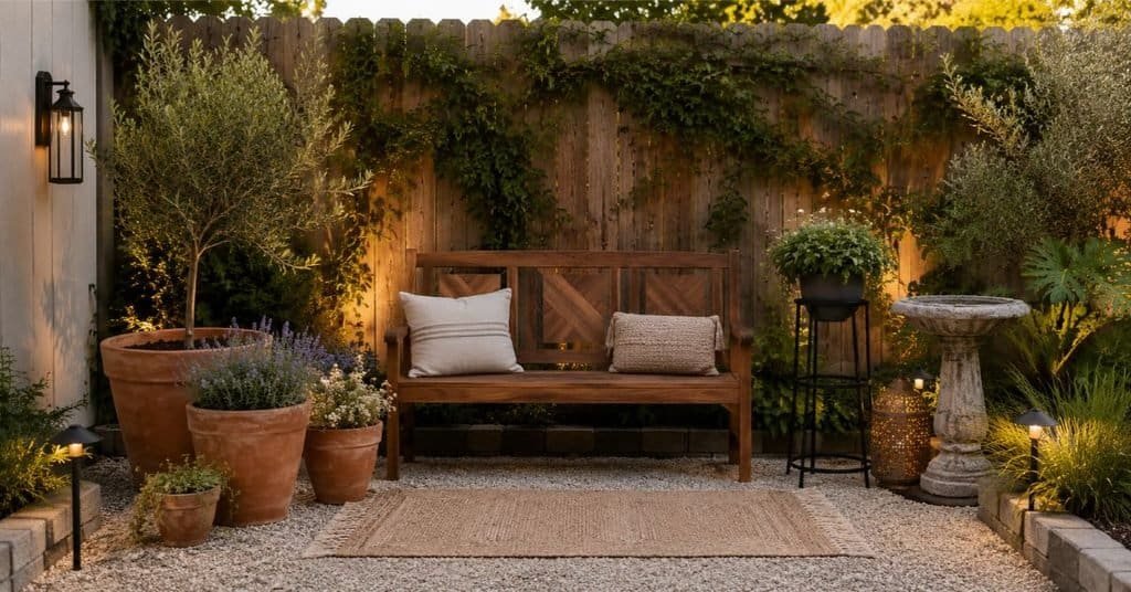 Balanced garden accessories and decor with a wood bench, terracotta planters, stone bird bath, black metal plant stand, and warm garden lights.