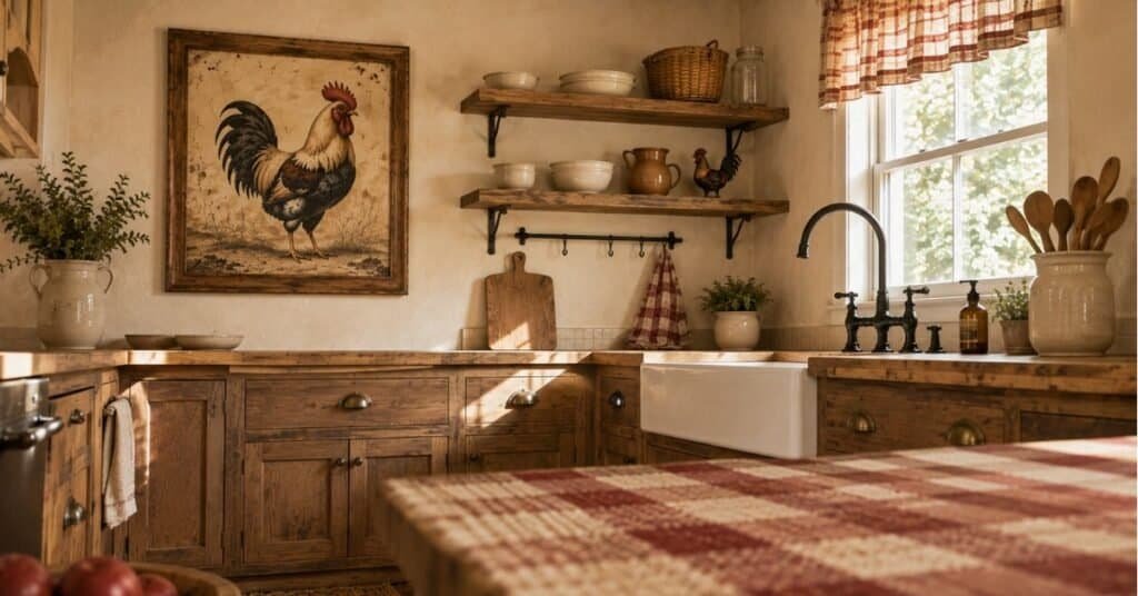 Balanced rooster kitchen decor with one rooster wall art piece, clean counters, rustic shelves, cream walls, and muted red runner