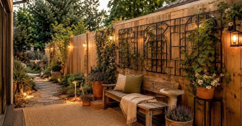 Bare backyard fence styled with a black metal trellis, climbing greenery, terracotta planters, warm garden lights, and rustic wood accents.