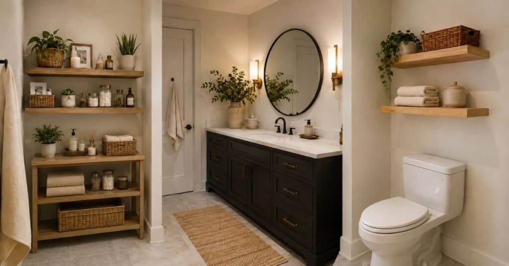 Bathroom Decor Ideas Above Toilet showing an overcrowded shelf arrangement beside a cleaner setup with shallow shelves, towels, a basket, and greenery.